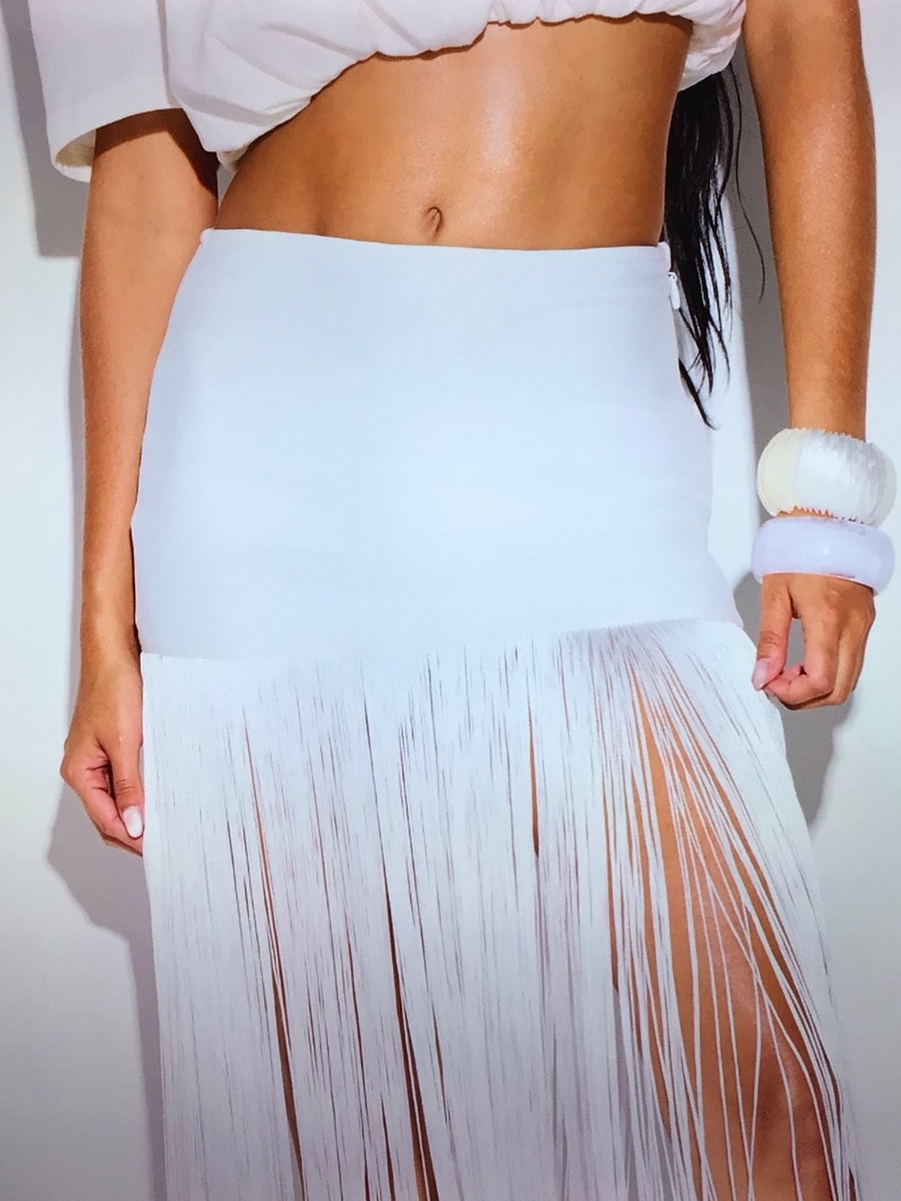 White Fringe Maxi Skirt with High Waist